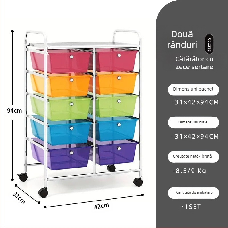 Căruț de depozitare din plastic, 5 etaje, cu două rânduri de 10 sertare, mobil, pentru podea