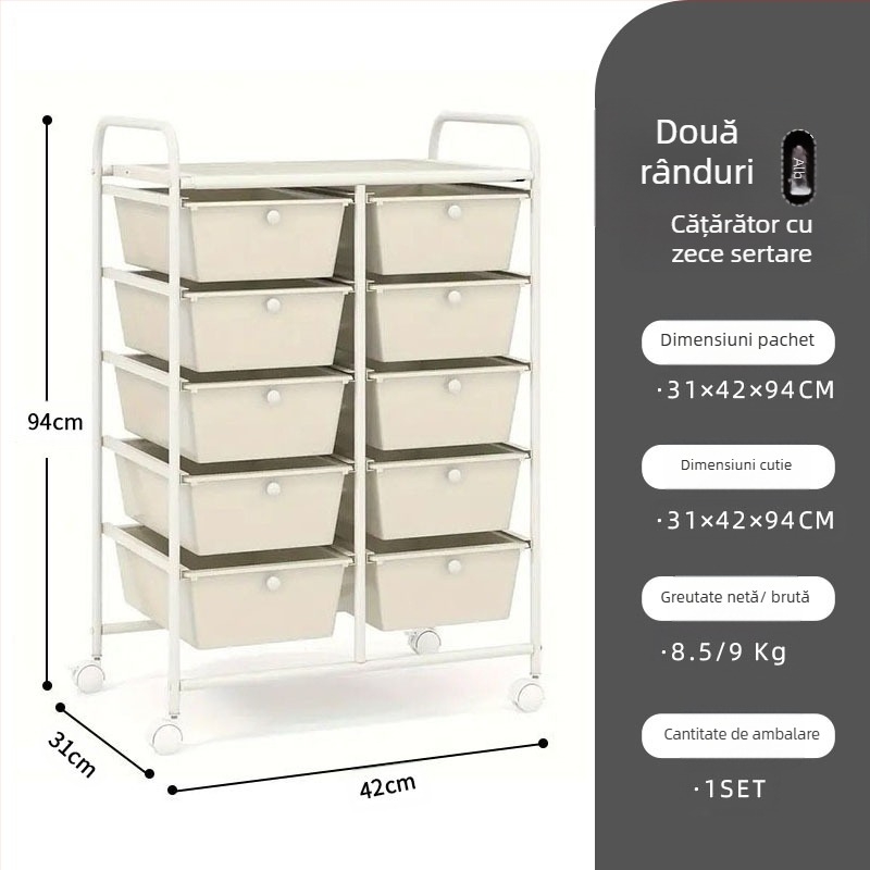 Căruț de depozitare din plastic, 5 etaje, cu două rânduri de 10 sertare, mobil, pentru podea