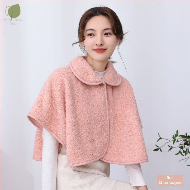 Pelerină-șal din lână de miel pentru căldură de toamnă–iarna, model monocrom, țesătură warp-knit, menține căldura