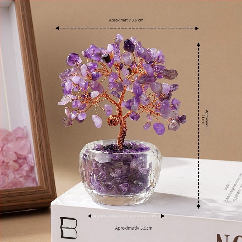 Arbore de bani din cristal cu bazină de comoară din sticlă, stil modern minimalist