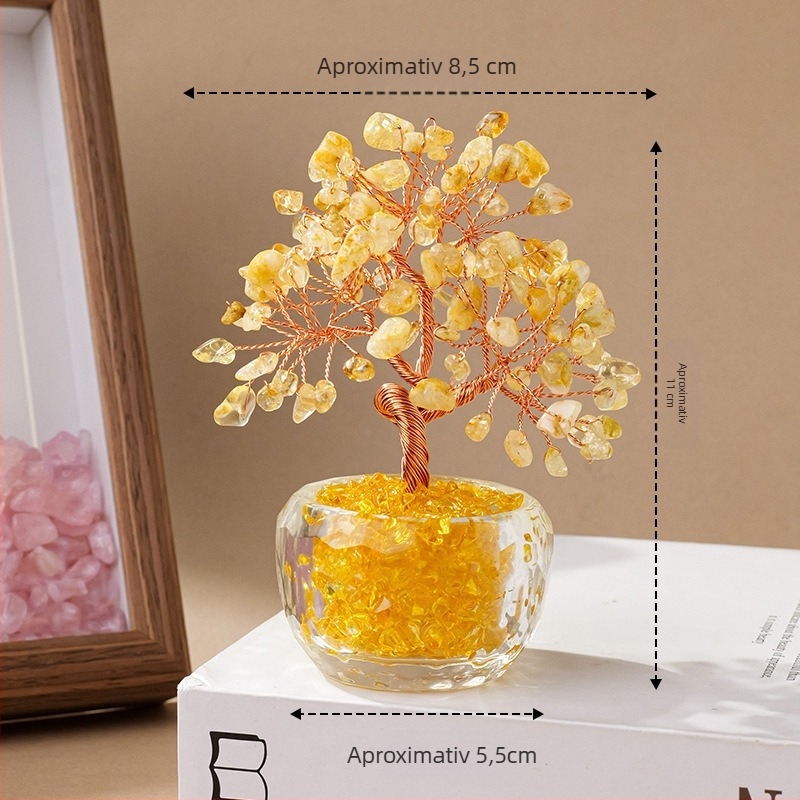 Arbore de bani din cristal cu bazină de comoară din sticlă, stil modern minimalist