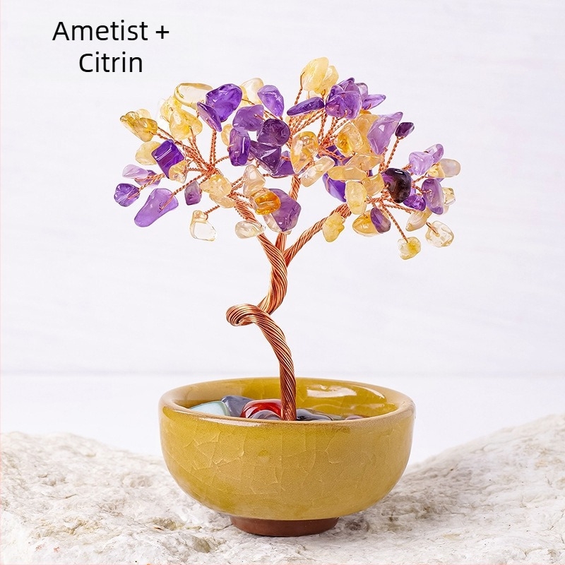 Arbore de bani din cristal cu bazină de comoară din sticlă, stil modern minimalist