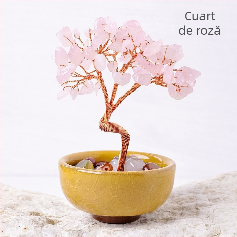 Arbore de bani din cristal cu bazină de comoară din sticlă, stil modern minimalist