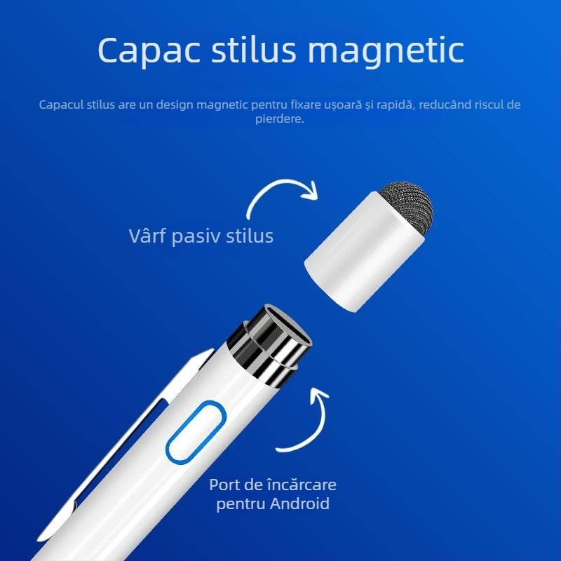 Stylus capacitiv pentru dispozitive mobile — carcasă metalică, încărcare magnetică, compatibil cu ecrane capacitive, compact și portabil