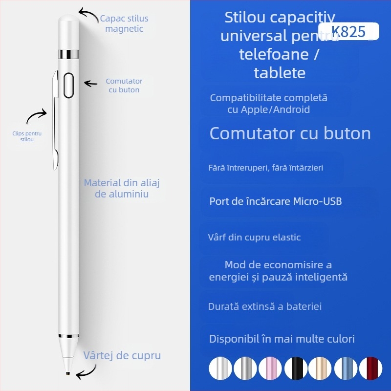 Stylus capacitiv pentru dispozitive mobile — carcasă metalică, încărcare magnetică, compatibil cu ecrane capacitive, compact și portabil