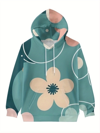 Hanorac dama cu glugă și imprimeu floral, croială lejeră, mâneci lungi, material poliester