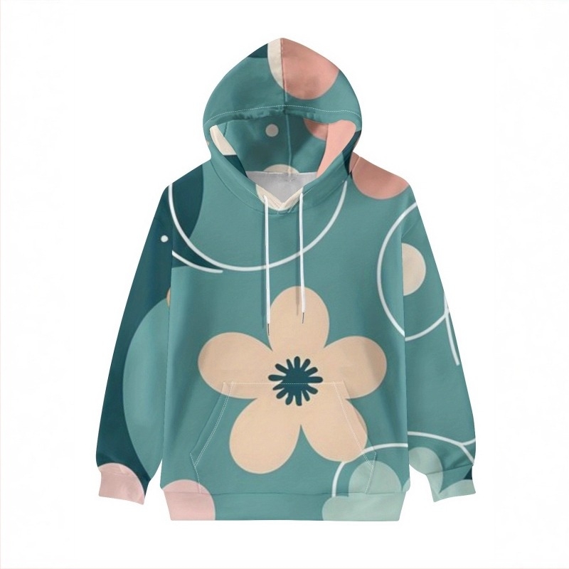 Hanorac dama cu glugă și imprimeu floral, croială lejeră, mâneci lungi, material poliester