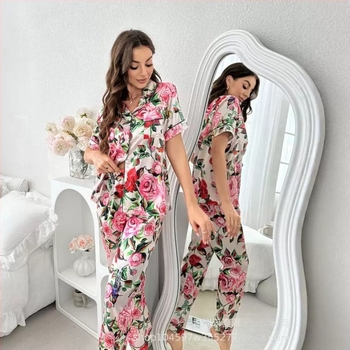 Set de pijamale pentru femei imprimat, din imitatie de mătase, ușor și respirabil, stil cardigan cu guler rever, mâneci 3/4, pantaloni, pentru casă