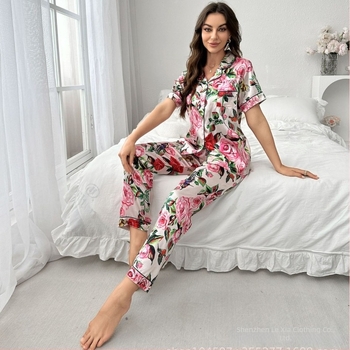 Set de pijamale pentru femei imprimat, din imitatie de mătase, ușor și respirabil, stil cardigan cu guler rever, mâneci 3/4, pantaloni, pentru casă