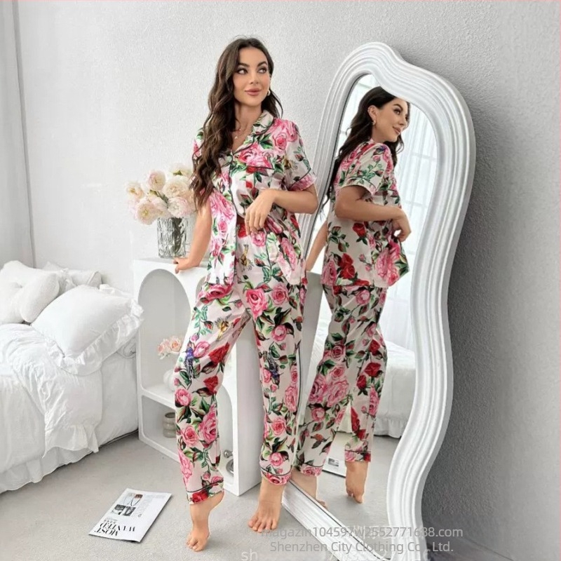 Set de pijamale pentru femei imprimat, din imitatie de mătase, ușor și respirabil, stil cardigan cu guler rever, mâneci 3/4, pantaloni, pentru casă