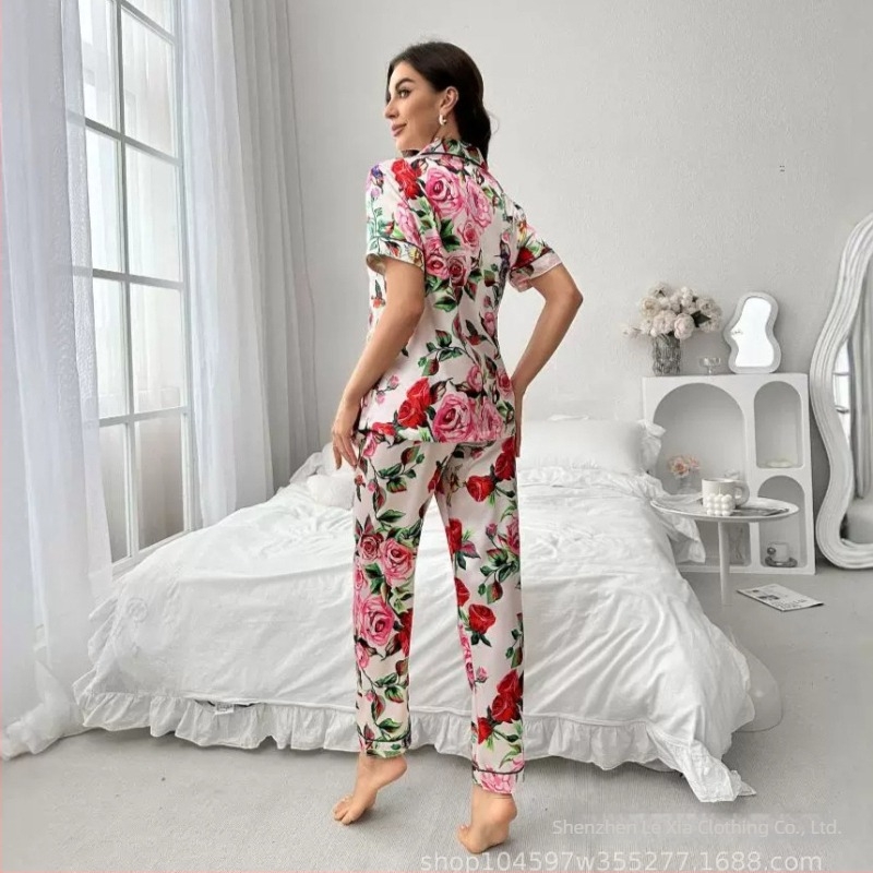 Set de pijamale pentru femei imprimat, din imitatie de mătase, ușor și respirabil, stil cardigan cu guler rever, mâneci 3/4, pantaloni, pentru casă