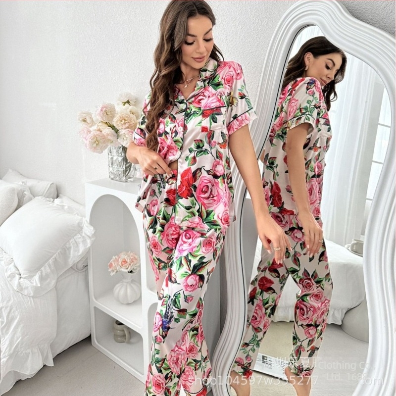 Set de pijamale pentru femei imprimat, din imitatie de mătase, ușor și respirabil, stil cardigan cu guler rever, mâneci 3/4, pantaloni, pentru casă