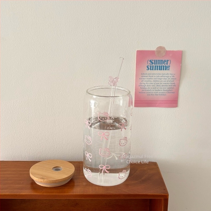 Cană din sticlă borosilicată, cilindrică, cu pai, capac, model glaciar, portabil.