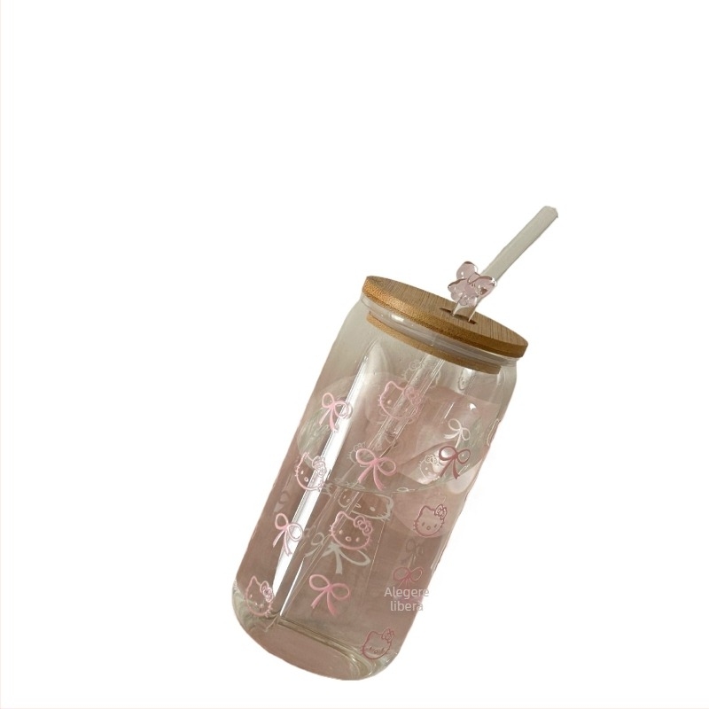 Cană din sticlă borosilicată, cilindrică, cu pai, capac, model glaciar, portabil.