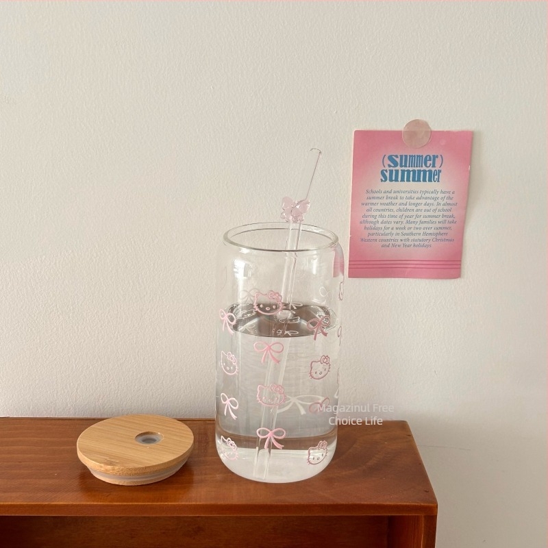 Cană din sticlă borosilicată, cilindrică, cu pai, capac, model glaciar, portabil.