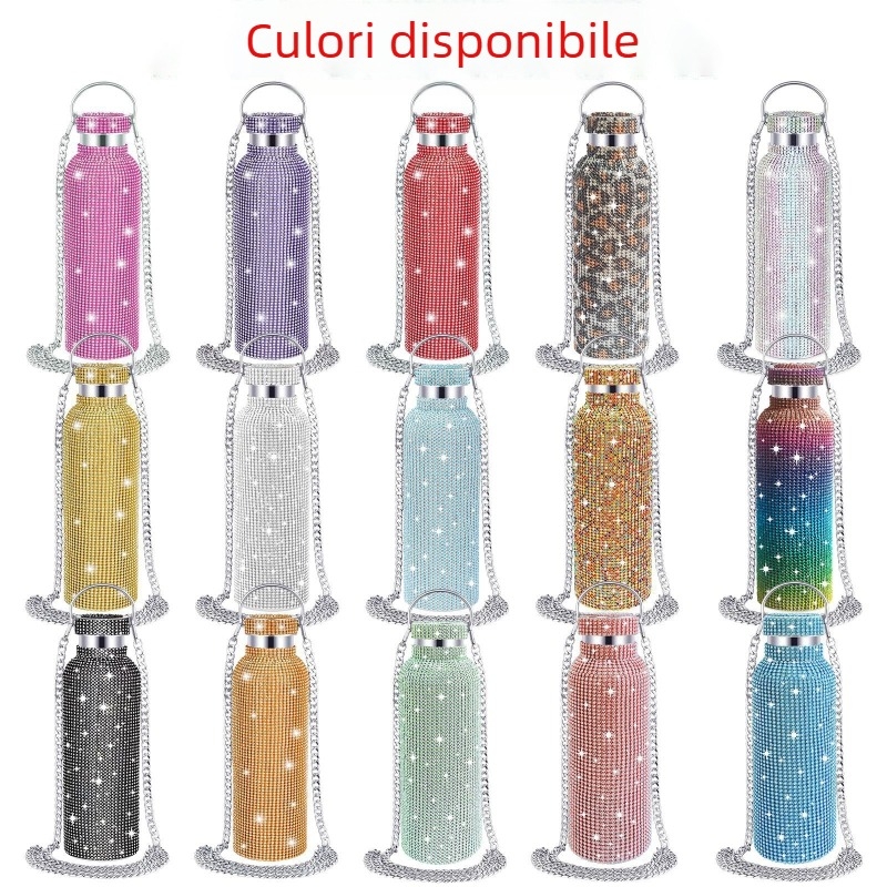 Cească termos cu diamante, din oțel inoxidabil cu dublu perete, cu lanț, interior 304, exterior 201, izolație vid 12–24 h, portabilă cu mâner și șnur, gravare laser disponibil.