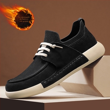 Papuci de iarnă pentru bărbați, cu căptușeală pufoasă, partea superioară din piele sintetică, talpă PVC, croială sport