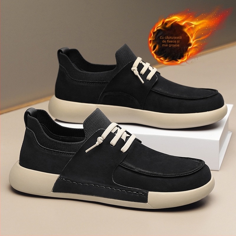 Papuci de iarnă pentru bărbați, cu căptușeală pufoasă, partea superioară din piele sintetică, talpă PVC, croială sport