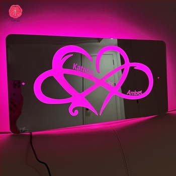 Oglindă cu nume gravat personalizat – inimă împletită, acrilic, stil modern minimalist, cadou pentru cupluri (Ziua Îndrăgostiților, aniversare)