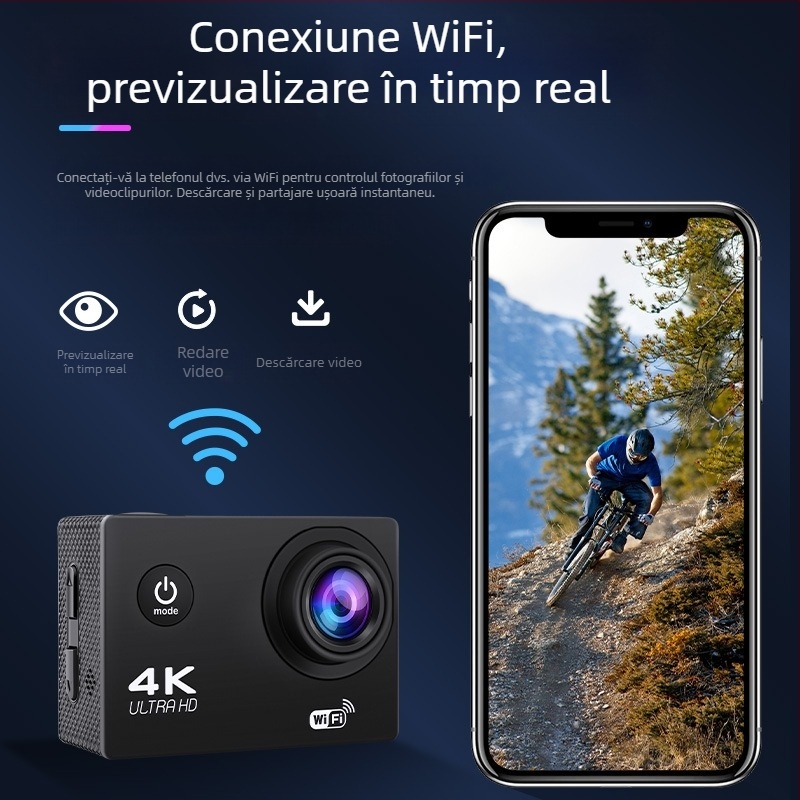 Camera de acțiune purtabilă pe cască – 4K video, 16MP fotografii, ecran LCD de 2.0 inch, stocare TF, baterie 900mAh