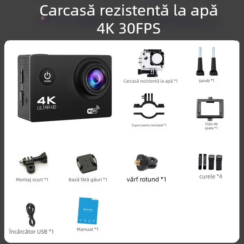 Camera de acțiune purtabilă pe cască – 4K video, 16MP fotografii, ecran LCD de 2.0 inch, stocare TF, baterie 900mAh