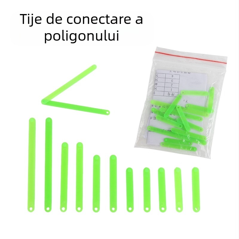 Instrument educațional de geometrie: benzi de conectare a poligoanelor, cadru paralelogram mobil, demonstrații ale relațiilor dintre triunghi și patrulater, din plastic.