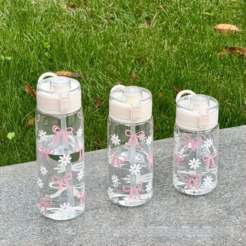 Pahar de apă din plastic, capacitate mare, design minimalist modern, imprimeu cu margarete, etanș și anti-scurgeri