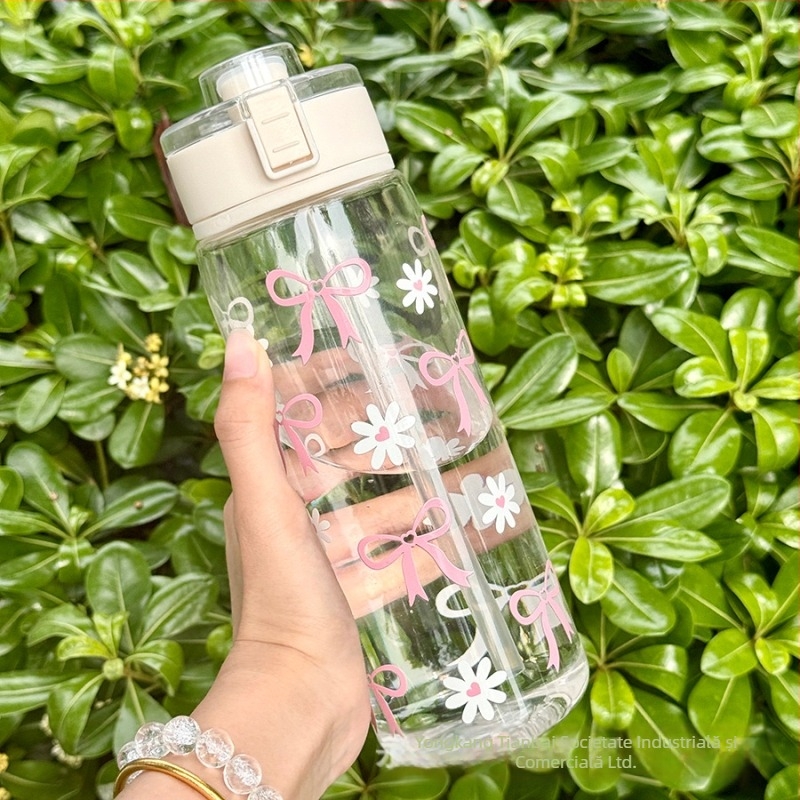 Pahar de apă din plastic, capacitate mare, design minimalist modern, imprimeu cu margarete, etanș și anti-scurgeri