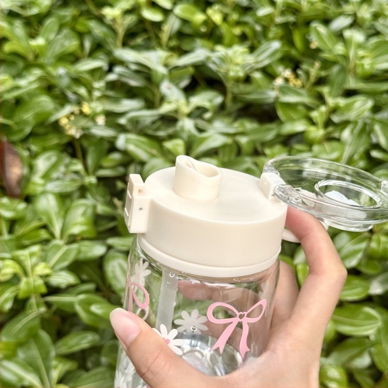 Pahar de apă din plastic, capacitate mare, design minimalist modern, imprimeu cu margarete, etanș și anti-scurgeri