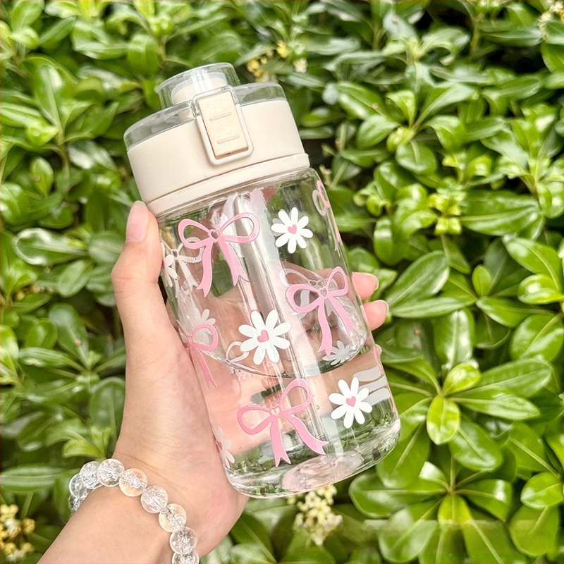 Pahar de apă din plastic, capacitate mare, design minimalist modern, imprimeu cu margarete, etanș și anti-scurgeri