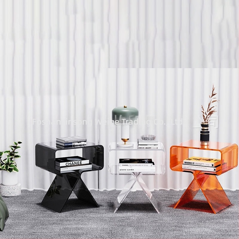 Masă laterală din acrilic transparent, minimalistă, cu două etaje, pentru podea, sufragerie și dormitor