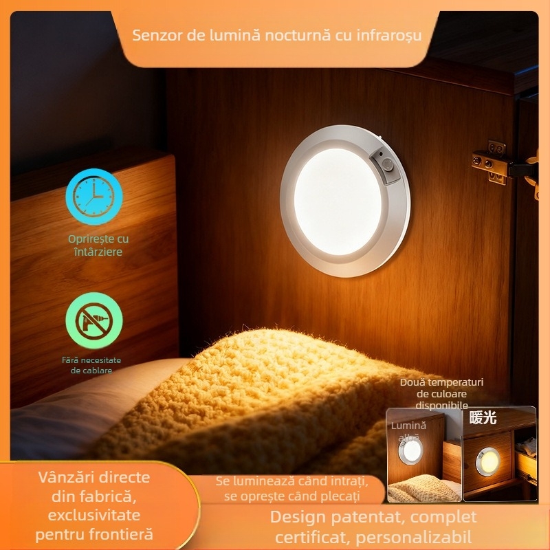 Lumină de noapte mică cu senzor de mișcare, alimentare cu baterii uscate (4 AA necesare), formă rotundă, abajur din PC