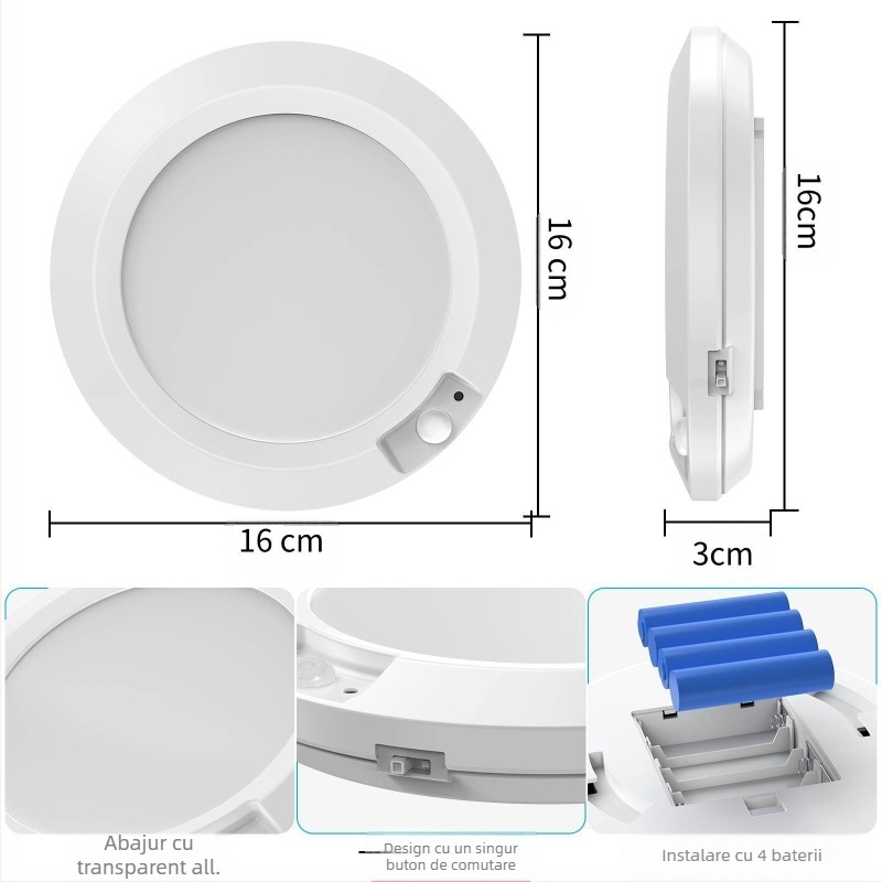 Lumină de noapte mică cu senzor de mișcare, alimentare cu baterii uscate (4 AA necesare), formă rotundă, abajur din PC