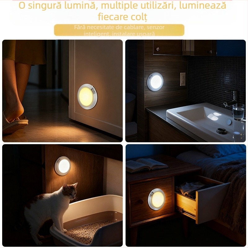 Lumină de noapte mică cu senzor de mișcare, alimentare cu baterii uscate (4 AA necesare), formă rotundă, abajur din PC