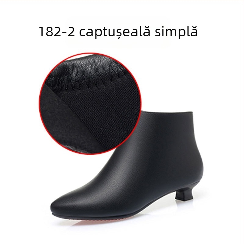 Cizme scurte din microfibră pentru femei, stil coreean, vârf ascuțit, toc gros 3–5 cm, fermoar lateral, căptușeală din blană artificială