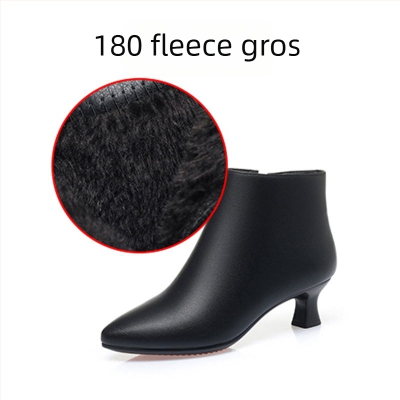 Cizme scurte din microfibră pentru femei, stil coreean, vârf ascuțit, toc gros 3–5 cm, fermoar lateral, căptușeală din blană artificială