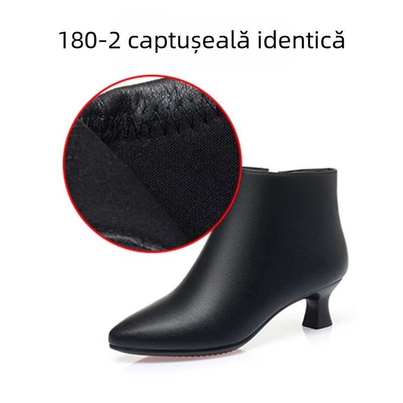 Cizme scurte din microfibră pentru femei, stil coreean, vârf ascuțit, toc gros 3–5 cm, fermoar lateral, căptușeală din blană artificială