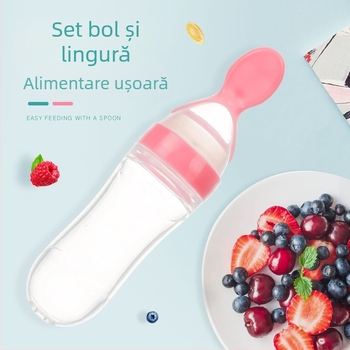 Sticlă de hrănire pentru bebeluși cu lingură din silicon pentru cereală de orez — curbată, diametru mare, fără mâner