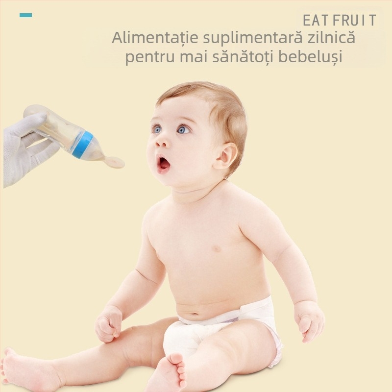 Sticlă de hrănire pentru bebeluși cu lingură din silicon pentru cereală de orez — curbată, diametru mare, fără mâner