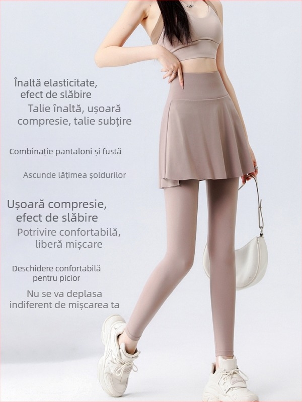 Culotte pentru exterior pentru femei, talie înaltă – amestec Nylon-Spandex, lungime 9/10, croială strânsă, elasticitate ridicată (design cu imitare a două părți)
