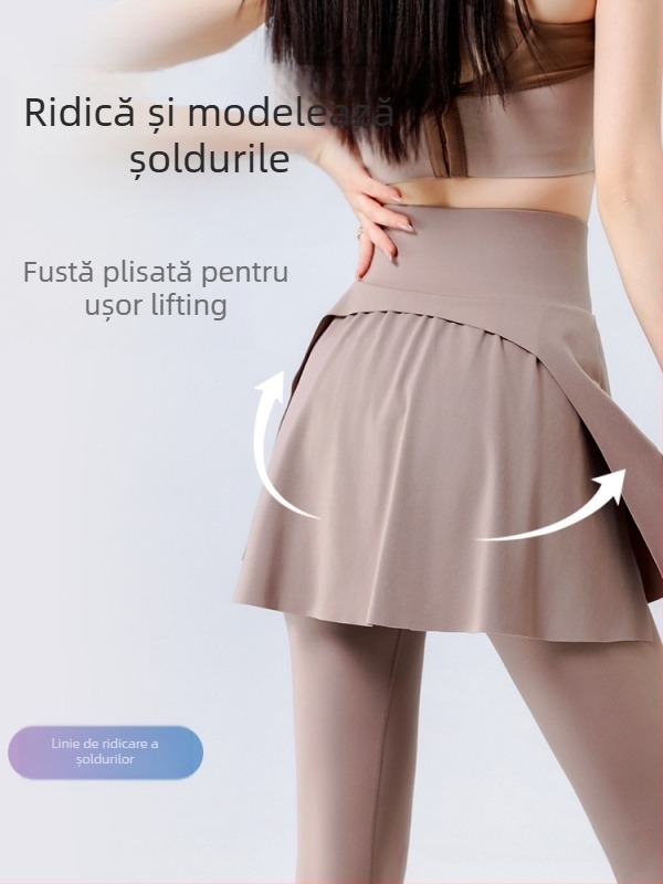 Culotte pentru exterior pentru femei, talie înaltă – amestec Nylon-Spandex, lungime 9/10, croială strânsă, elasticitate ridicată (design cu imitare a două părți)
