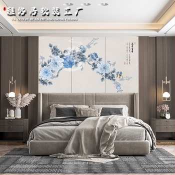 Panel brodat pentru perete - Noul stil Chinezesc pentru fundalul peretelui, cu model peisaj, tapițerie din țesătură, pentru living, dormitor, birou sau hol; panou la capul patului din furnir de lemn, cod 001