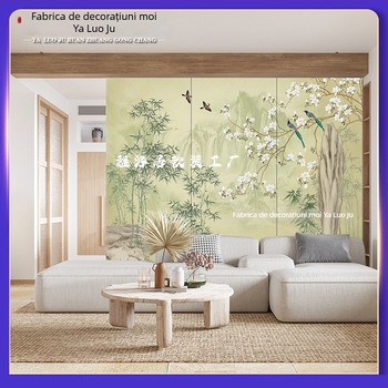 Panel brodat pentru perete - Noul stil Chinezesc pentru fundalul peretelui, cu model peisaj, tapițerie din țesătură, pentru living, dormitor, birou sau hol; panou la capul patului din furnir de lemn, cod 001