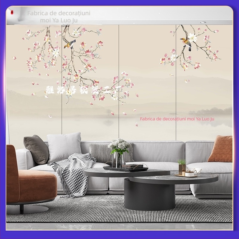 Panel brodat pentru perete - Noul stil Chinezesc pentru fundalul peretelui, cu model peisaj, tapițerie din țesătură, pentru living, dormitor, birou sau hol; panou la capul patului din furnir de lemn, cod 001