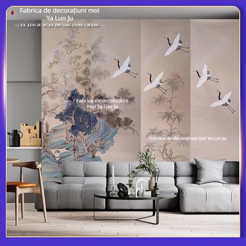 Panel brodat pentru perete - Noul stil Chinezesc pentru fundalul peretelui, cu model peisaj, tapițerie din țesătură, pentru living, dormitor, birou sau hol; panou la capul patului din furnir de lemn, cod 001