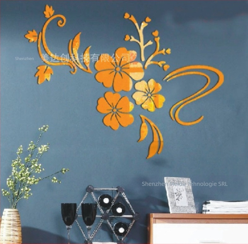 Autocolant de perete 3D din acril, design cu floare-viță, set peste 5 bucăți, stil Nou Chinez, decor oglindă pentru perete