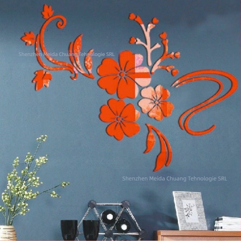Autocolant de perete 3D din acril, design cu floare-viță, set peste 5 bucăți, stil Nou Chinez, decor oglindă pentru perete