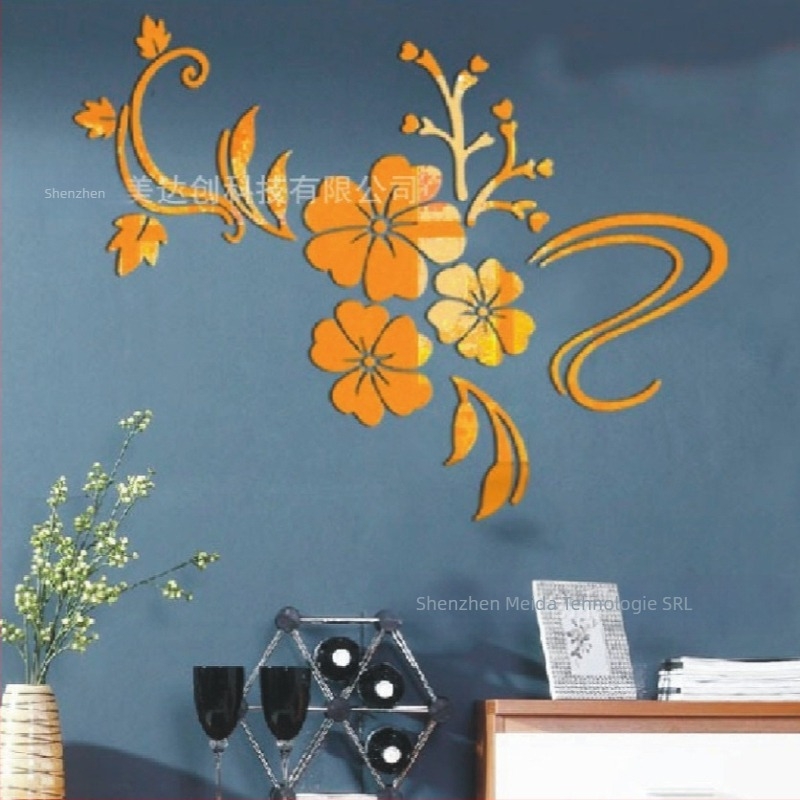 Autocolant de perete 3D din acril, design cu floare-viță, set peste 5 bucăți, stil Nou Chinez, decor oglindă pentru perete