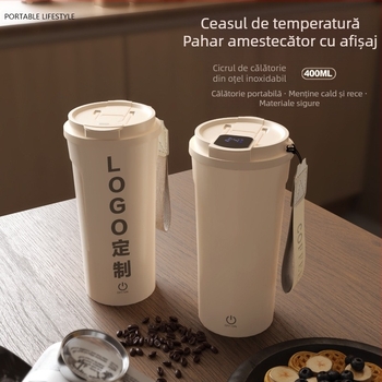 O cană de cafea cu model desen animat și afișaj digital, amestecare magnetică complet automată, greutate 350 g, logo personalizabil, lansată în 2025.