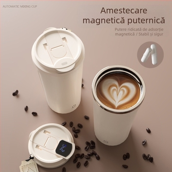 O cană de cafea cu model desen animat și afișaj digital, amestecare magnetică complet automată, greutate 350 g, logo personalizabil, lansată în 2025.